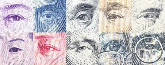 close-up images of eyes from various currency notes