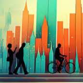 illustration of silhouetted people with city backdrop