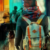 colourful image of man with backpack