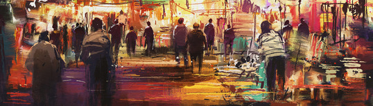 Painting of shopping street city with colorful nightlife by Grandfailure