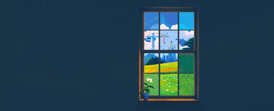 illustration of window looking out to a collage of green landscape, cityscape, technology motifs, construction and global connections