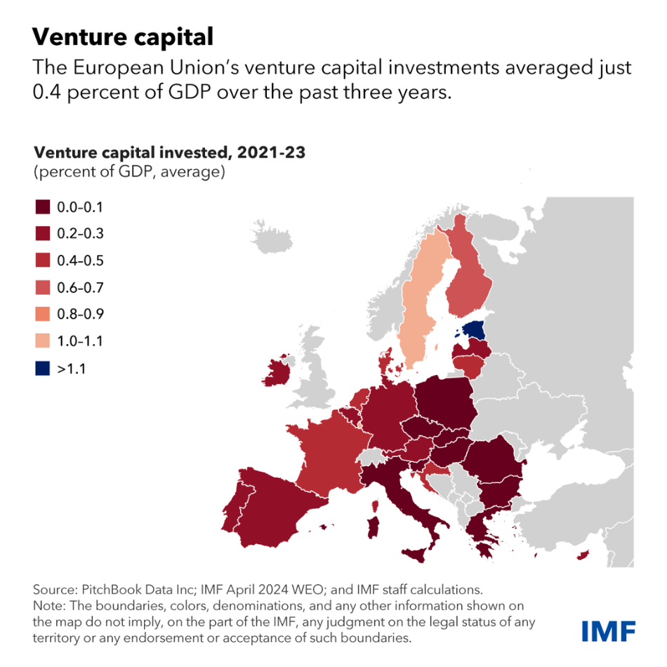 map with colour gradation indicating venture capital investments as a percent of GDP from 2021-2023 in the EU region