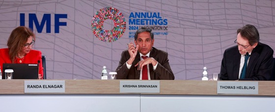 photo of Krishna Srinivasan talking at the Asia Pacific regional outlook press briefing at AM24