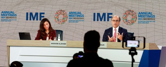 photo of Jihad Azour and Angham at Middle East and Central Asia press briefing for AM24