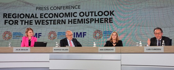 photo of Western hemisphere department heads panel at the regional outlook press briefing for Am24