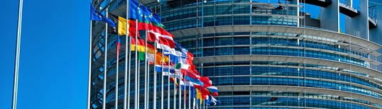 photo of flags of the European Union with office building in background