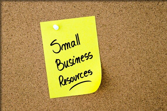 A pinned yellow sticky note that reads Small Business Resources.