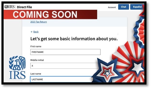 screenshot of Direct File form on IRS.gov. banner reads: ‘Coming soon.’ IRS logo and red, white and blue decorations displayed