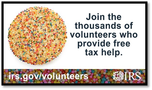 Cookie covered in sprinkles. Text: ‘Join the thousands of volunteers who provide free tax help.’ IRS logo and URL: irs.gov/volunteers