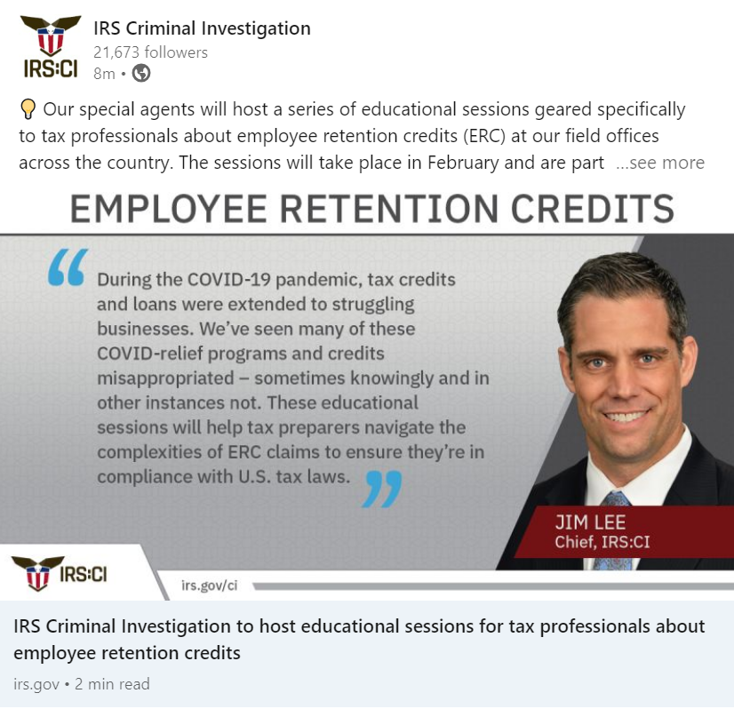 IRS Criminal Investigation to host educational sessions for tax professionals about employee retention credits IRS Criminal Investigation to host educational sessions for tax professionals about employee retention credits