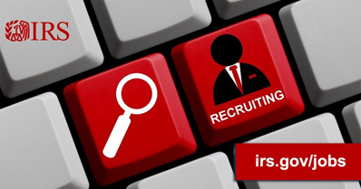 Keyboard shows top left key says IRS/logo; center left red has a magnifying glass and man in suit right reads RECRUITING; irs.gov/jobs