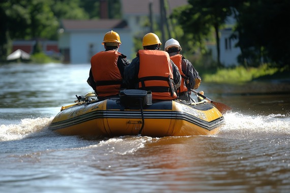 Team navigating a flooded street in a raft. Three members wearing safety helmets and life jackets as they assess the flood damage