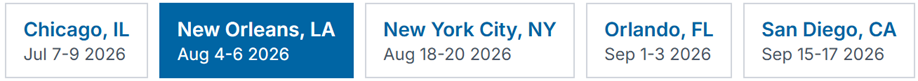 Boxes showing the name of each city hosting the IRS Nationwide Tax Forum and the dates for each city.