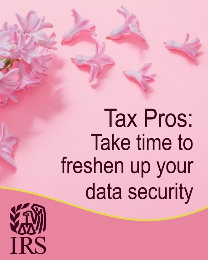 Pink hyacinths spread across a pink background. Text: Tax Pros: Take time to freshen up your data security. IRS logo. 