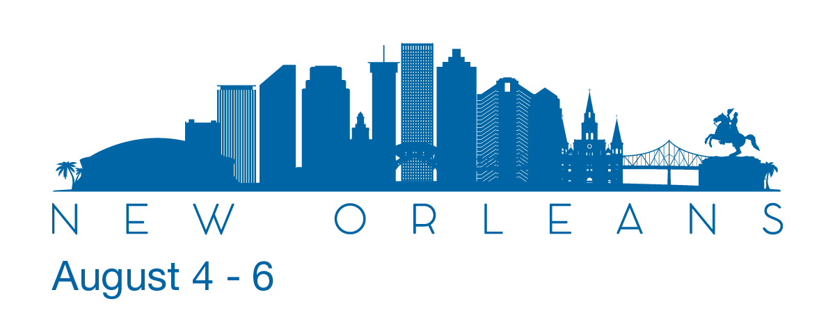 The outline of the New Orleans skyline and major attractions. Text: 
