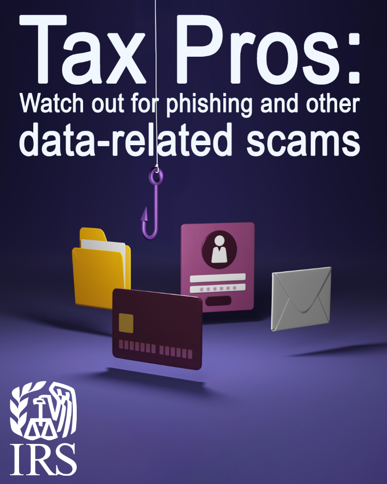 A fishing hook near a credit card, a file, a login box and an e-mail. Text: Tax Pros: Watch out for phishing and other data-related scams. IRS logo.