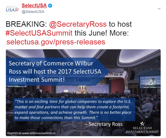 Tweet about the announcement - Sec. Ross will host the 2017 Summit