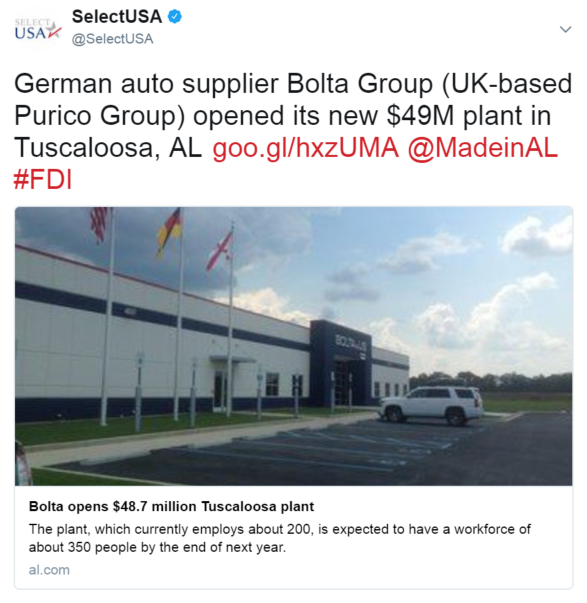 German auto supplier Bolta Group (UK-based Purico Group) opened its new $49M plant in Tuscaloosa, AL