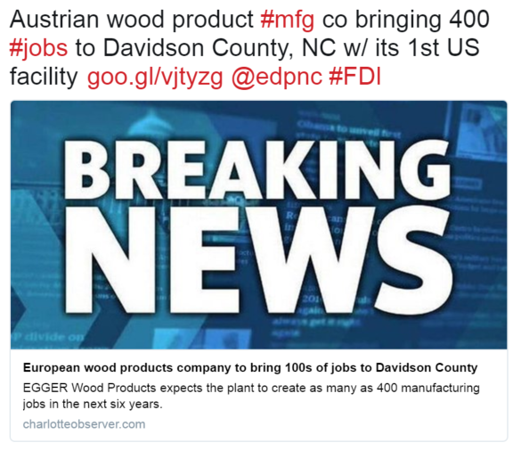 Austrian wood product #mfg co bringing 400 #jobs to Davidson County, NC w/ its 1st US facility
