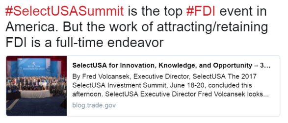 #SelectUSASummit is the top #FDI event in America. But the work of attracting/retaining FDI is a full-time endeavor