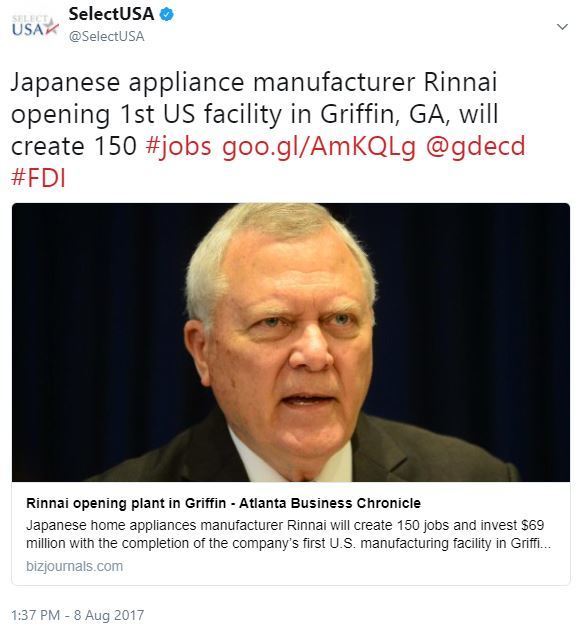 Japanese appliance manufacturer Rinnai opening 1st US facility in Griffin, GA, will create 150 #jobs 