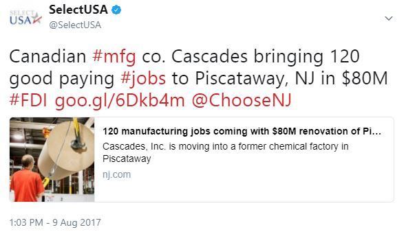 Canadian #mfg co. Cascades bringing 120 good paying #jobs to Piscataway, NJ in $80M #FDI