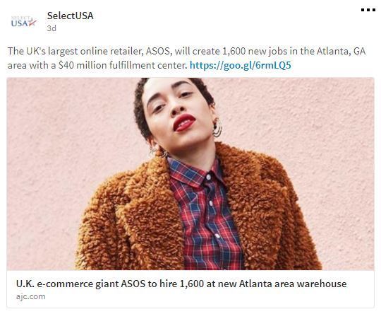 The UK's largest online retailer, ASOS, will create 1,600 new jobs in the Atlanta, GA area with a $40 million fulfillment center.