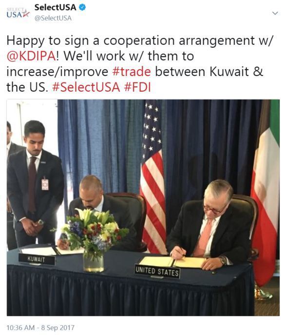 Happy to sign a cooperation arrangement w/ @KDIPA! We'll work w/ them to increase/improve #trade between Kuwait & the US. #SelectUSA #FDI