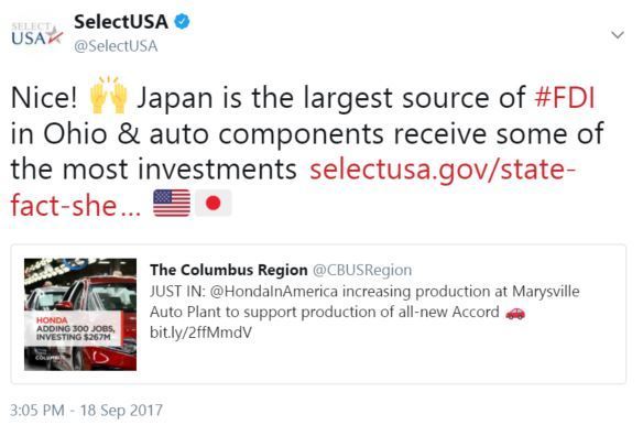 Nice! 🙌 Japan is the largest source of #FDI in Ohio & auto components receive some of the most investments selectusa.gov/state-fact-sheets/ohio
