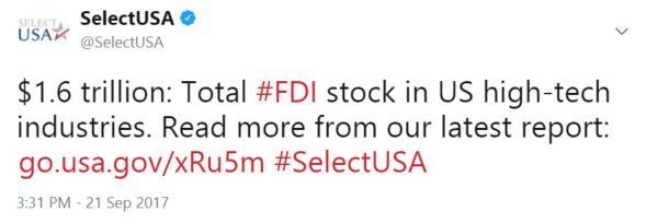 $1.6 trillion: Total #FDI stock in US high-tech industries. Read more from our latest report: http://go.usa.gov/xRu5m  #SelectUSA