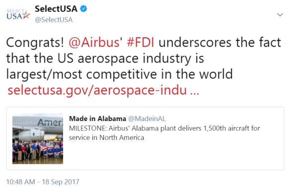 Congrats! @Airbus' #FDI underscores the fact that the US aerospace industry is largest/most competitive in the world