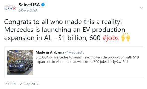 Congrats to all who made this a reality! Mercedes is launching an EV production expansion in AL - $1 billion, 600 #jobs