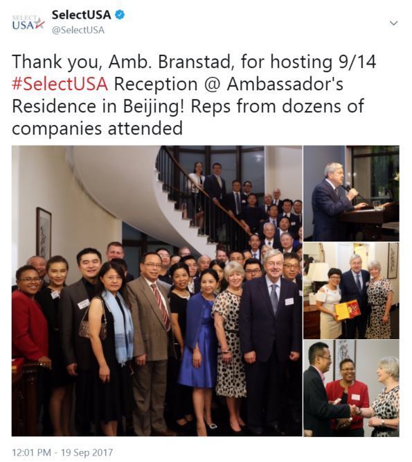 Thank you, Amb. Branstad, for hosting 9/14 #SelectUSA Reception @ Ambassador's Residence in Beijing! Reps from dozens of companies attended