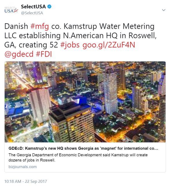 Danish #mfg co. Kamstrup Water Metering LLC establishing N.American HQ in Roswell, GA, creating 52 #jobs https://goo.gl/2ZuF4N