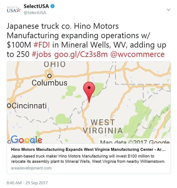 Japanese truck co. Hino Motors Manufacturing expanding operations w/ $100M #FDI in Mineral Wells, WV, adding up to 250 #jobs https://goo.gl/Cz3s8m