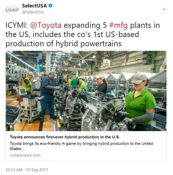 ICYMI: @Toyota expanding 5 #mfg plants in the US, includes the co's 1st US-based production of hybrid powertrains
