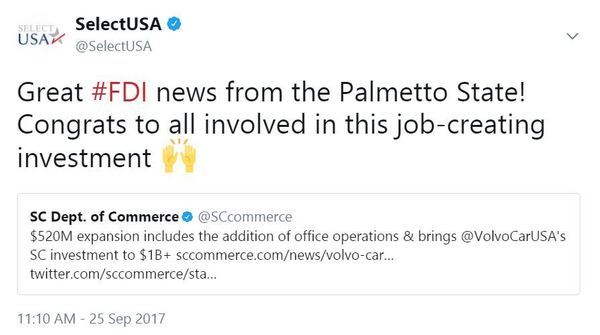 Great #FDI news from the Palmetto State! Congrats to all involved in this job-creating investment 🙌