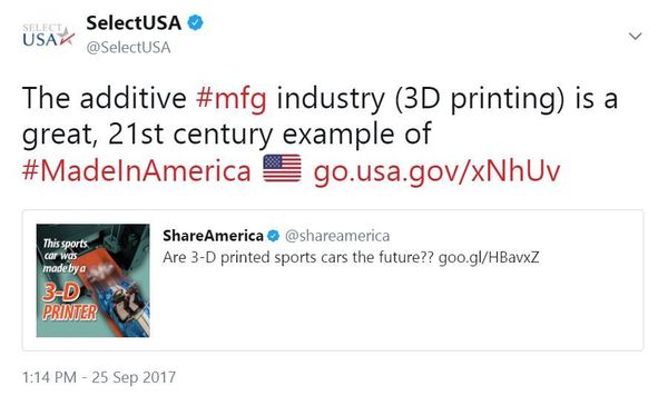 The additive #mfg industry (3D printing) is a great, 21st century example of #MadeInAmerica http://go.usa.gov/xNhUv