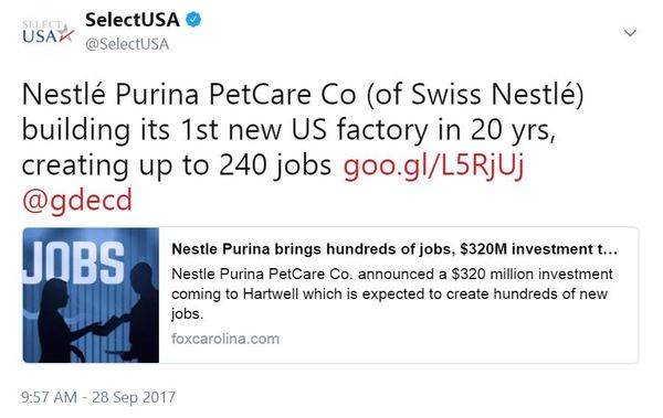 Nestlé Purina PetCare Co (of Swiss Nestlé) building its 1st new US factory in 20 yrs, creating up to 240 jobs https://goo.gl/L5RjUj  @gdecd