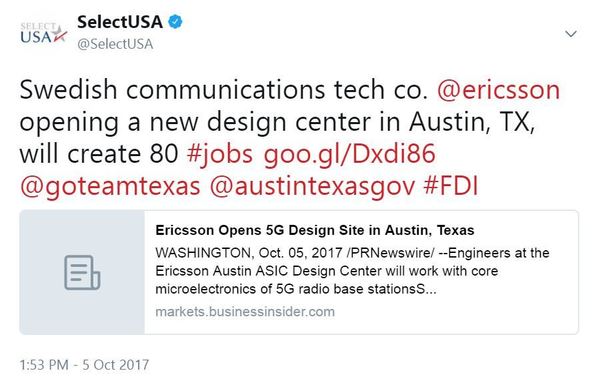 Swedish communications tech co. @ericsson opening a new design center in Austin, TX, will create 80 #jobs