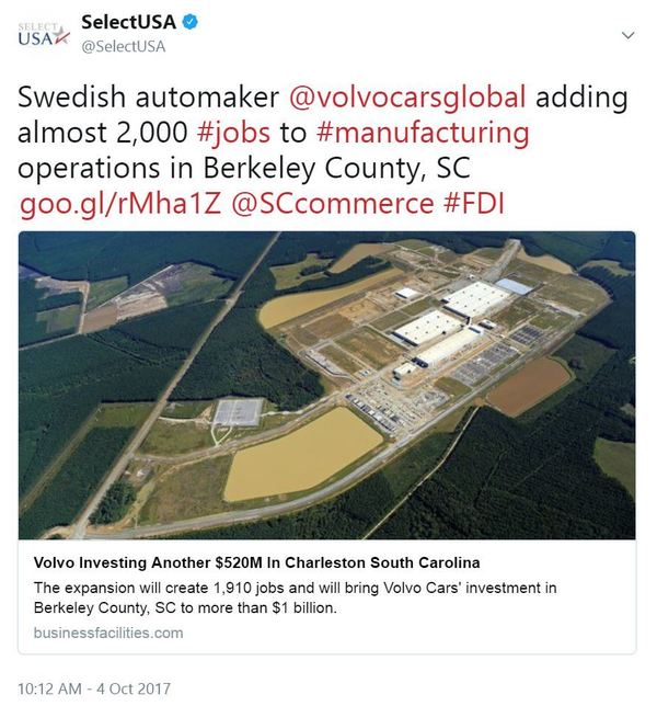 Swedish automaker @volvocarsglobal adding almost 2,000 #jobs to #manufacturing operations in Berkeley County, SC