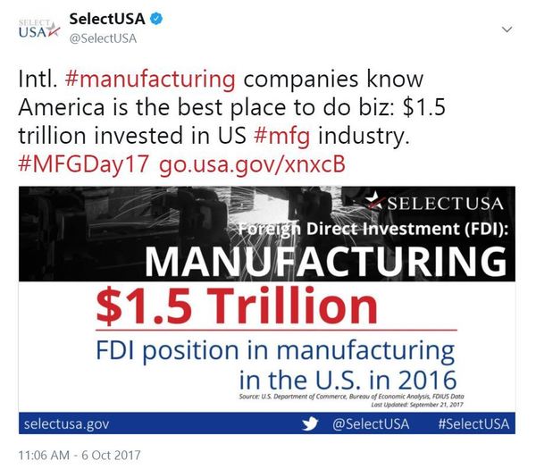 Intl. #manufacturing companies know America is the best place to do biz: $1.5 trillion invested in US #mfg industry.