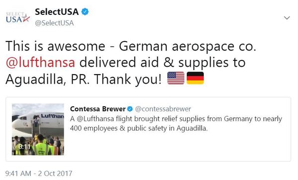 This is awesome - German aerospace co. @lufthansa delivered aid & supplies to Aguadilla, PR. Thank you!