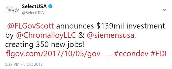 .@FLGovScott announces $139mil investment by @ChromalloyLLC & @siemensusa, creating 350 new jobs!