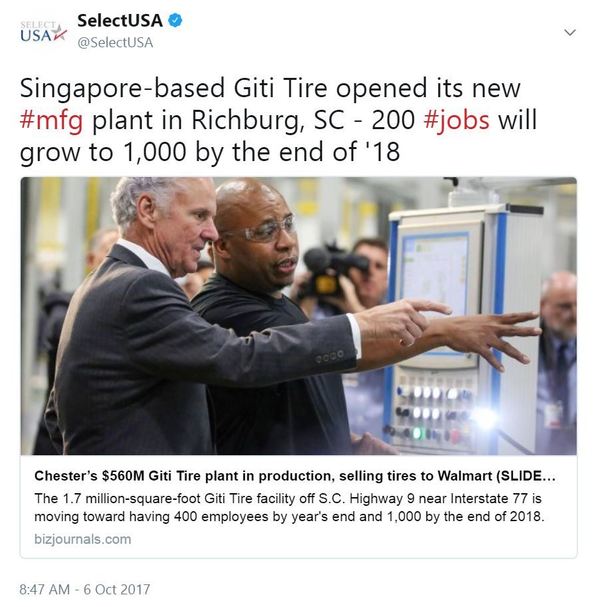 Singapore-based Giti Tire opened its new #mfg plant in Richburg, SC - 200 #jobs will grow to 1,000 by the end of '18