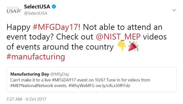 Happy #MFGDay17! Not able to attend an event today? Check out @NIST_MEP videos of events around the country