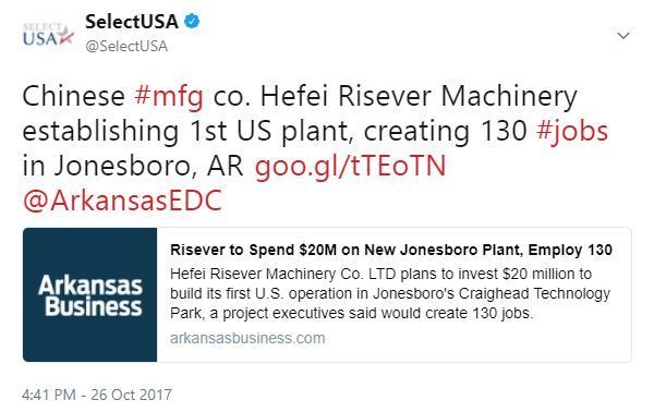 Chinese #mfg co. Hefei Risever Machinery establishing 1st US plant, creating 130 #jobs in Jonesboro, AR