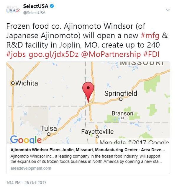 Frozen food co. Ajinomoto Windsor (of Japanese Ajinomoto) will open a new #mfg & R&D facility in Joplin, MO, create up to 240 #jobs