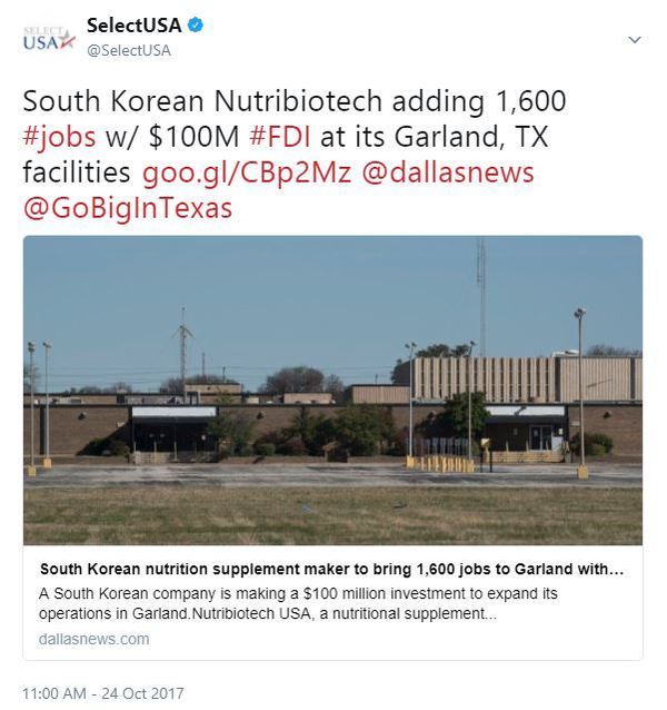 South Korean Nutribiotech adding 1,600 #jobs w/ $100M #FDI at its Garland, TX facilities
