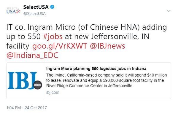 IT co. Ingram Micro (of Chinese HNA) adding up to 550 #jobs at new Jeffersonville, IN facility